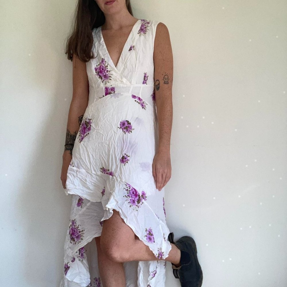 Free People floral printed midi dress with high low silhouette. Size 8.